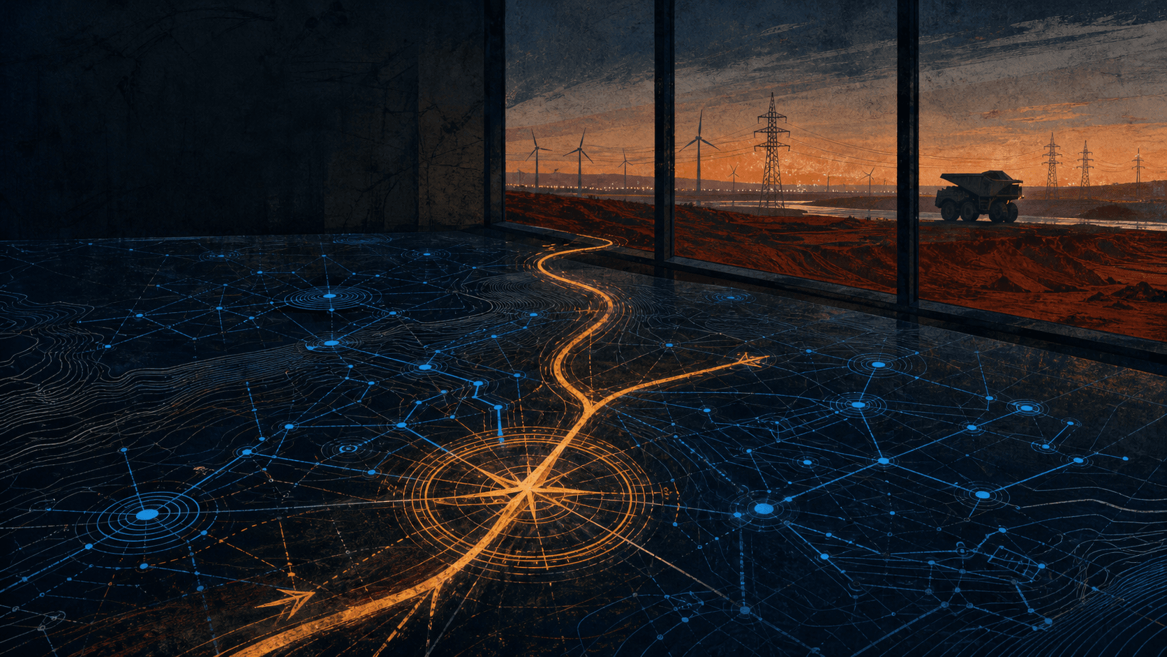 An amber decision path cuts through a blue network map in an industrial operations room, looking out over a renewable-energy grid at dusk.