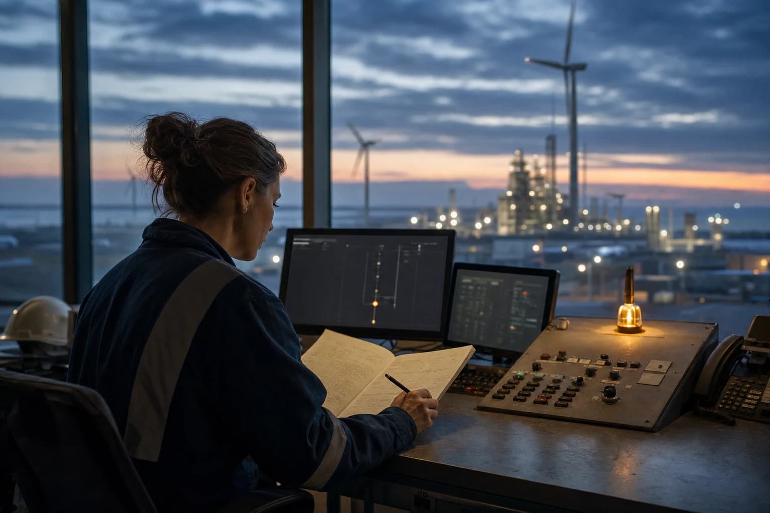 An operator checks an automated recommendation against a paper notebook in a renewable-energy control room.