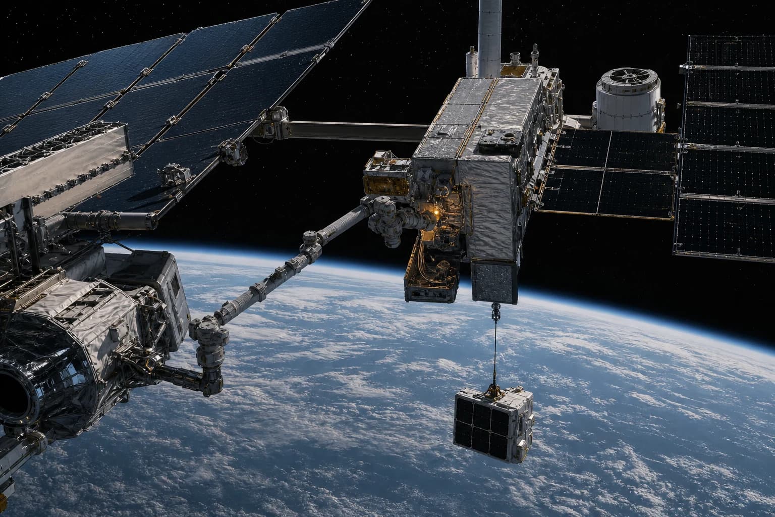 Modular power and data infrastructure is serviced above Earth.