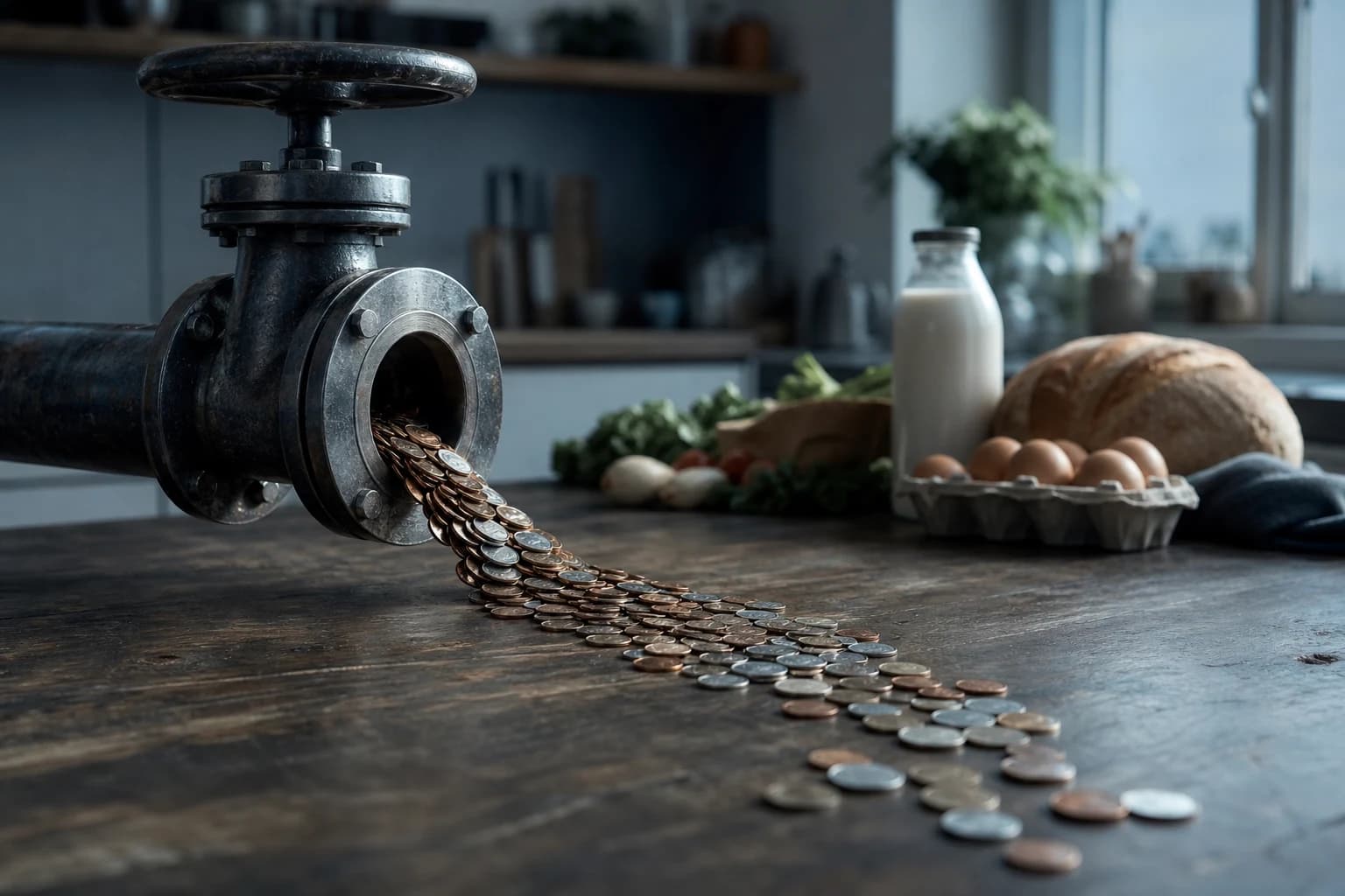 An open metal valve releases coins across a kitchen table beside everyday groceries.