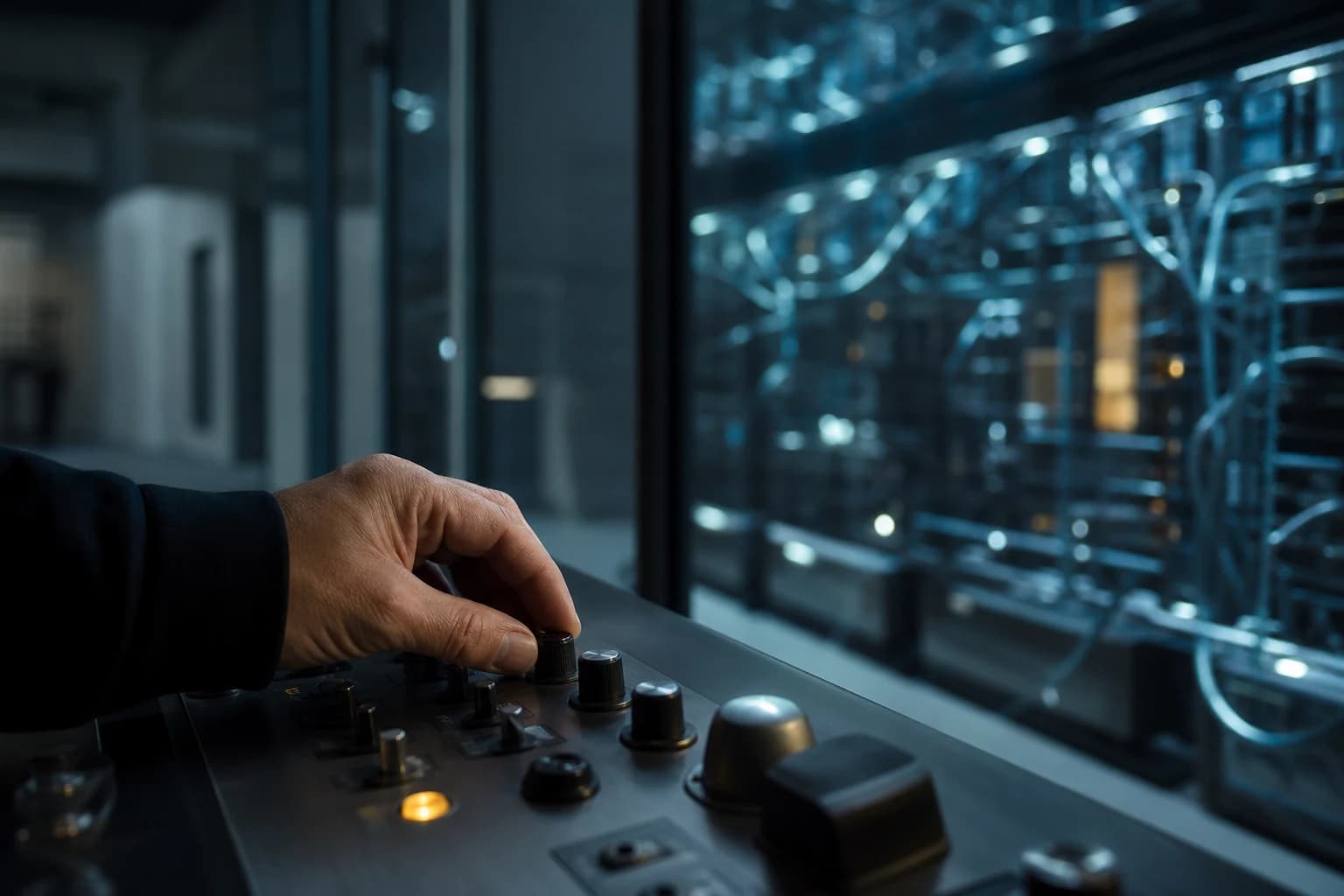 A human hand making a deliberate choice at a control desk while a computational network glows behind glass.
