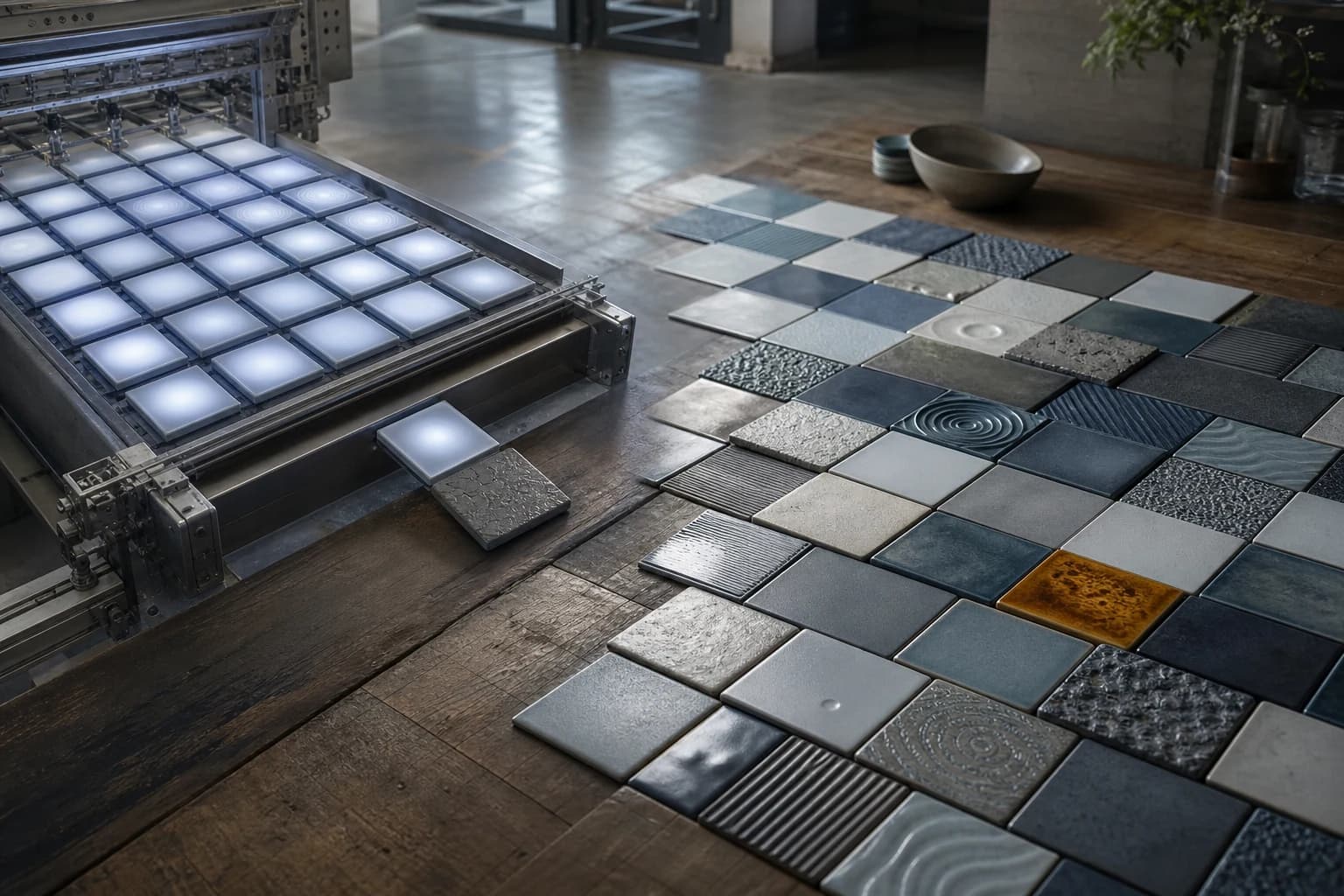 An automated lattice distributes identical luminous tiles into a varied human-scale mosaic.