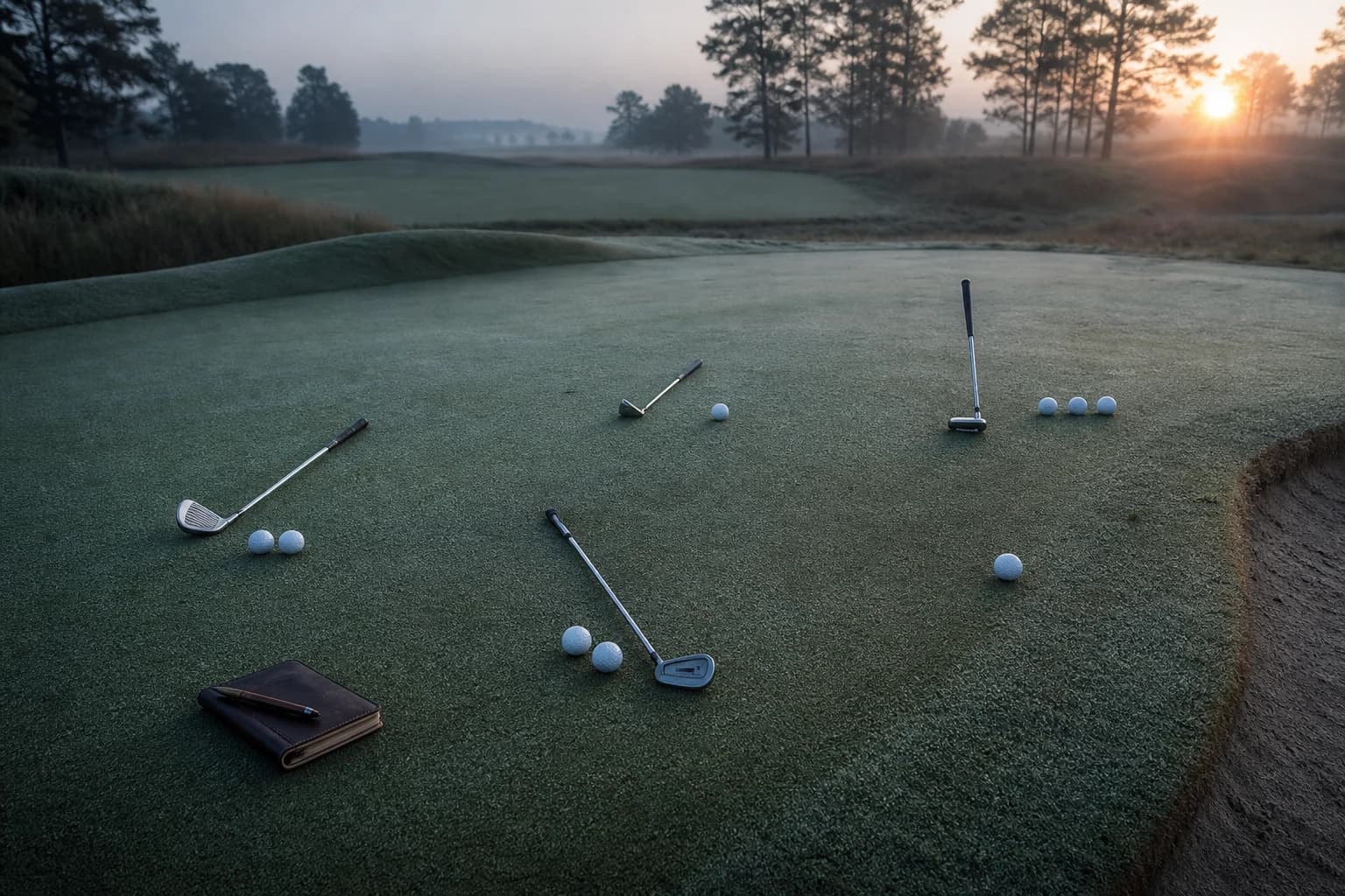 Five deliberate practice stations sit on an early-morning golf green.