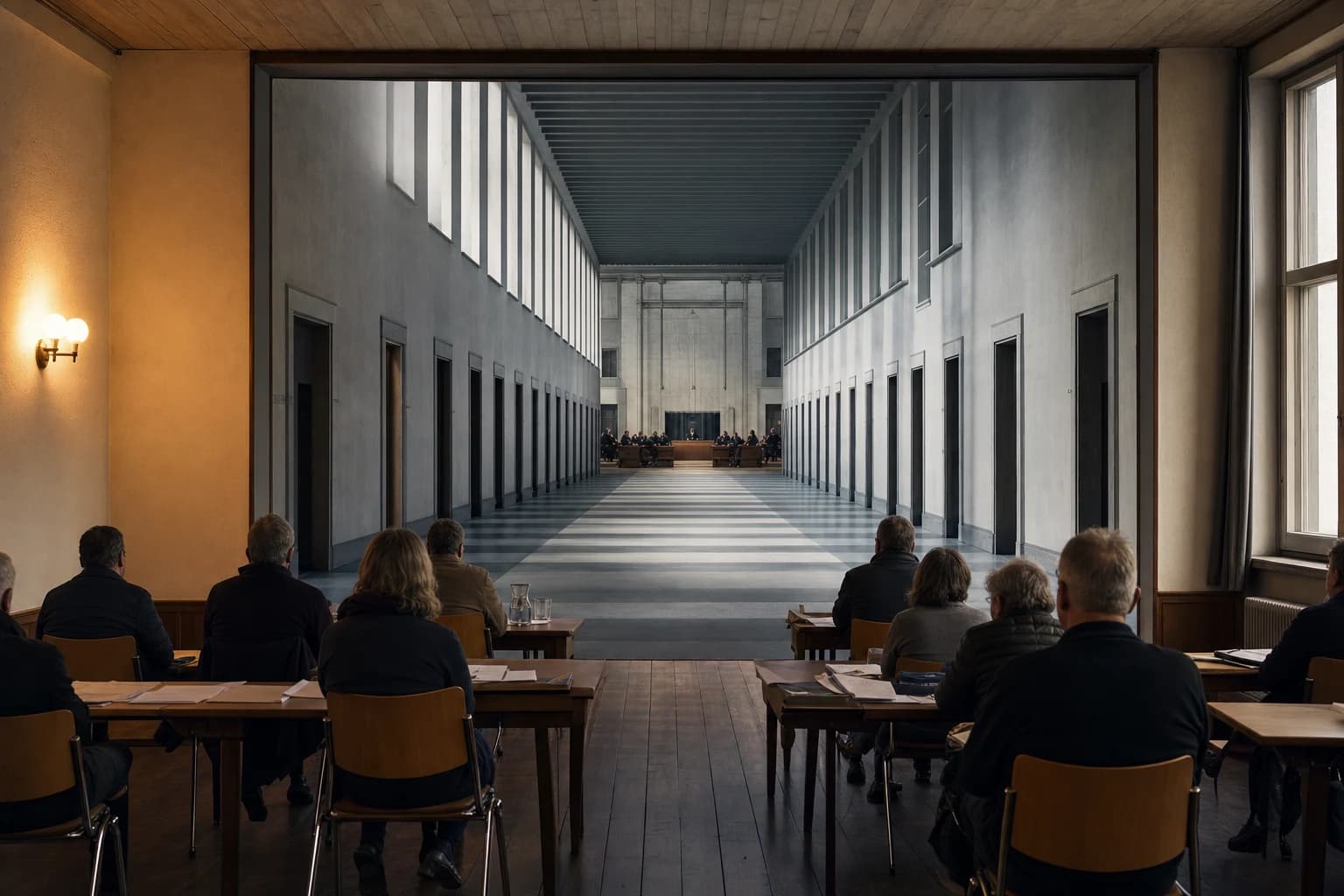 A Swiss town assembly connects through a long corridor to a distant administrative chamber.