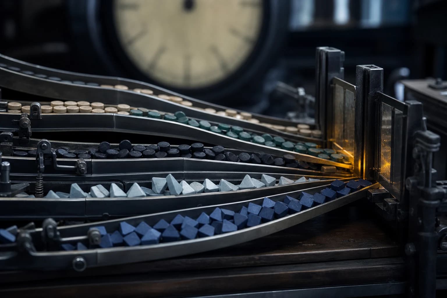 Order, hedge and options flows move beneath a soft-focused exchange clock.