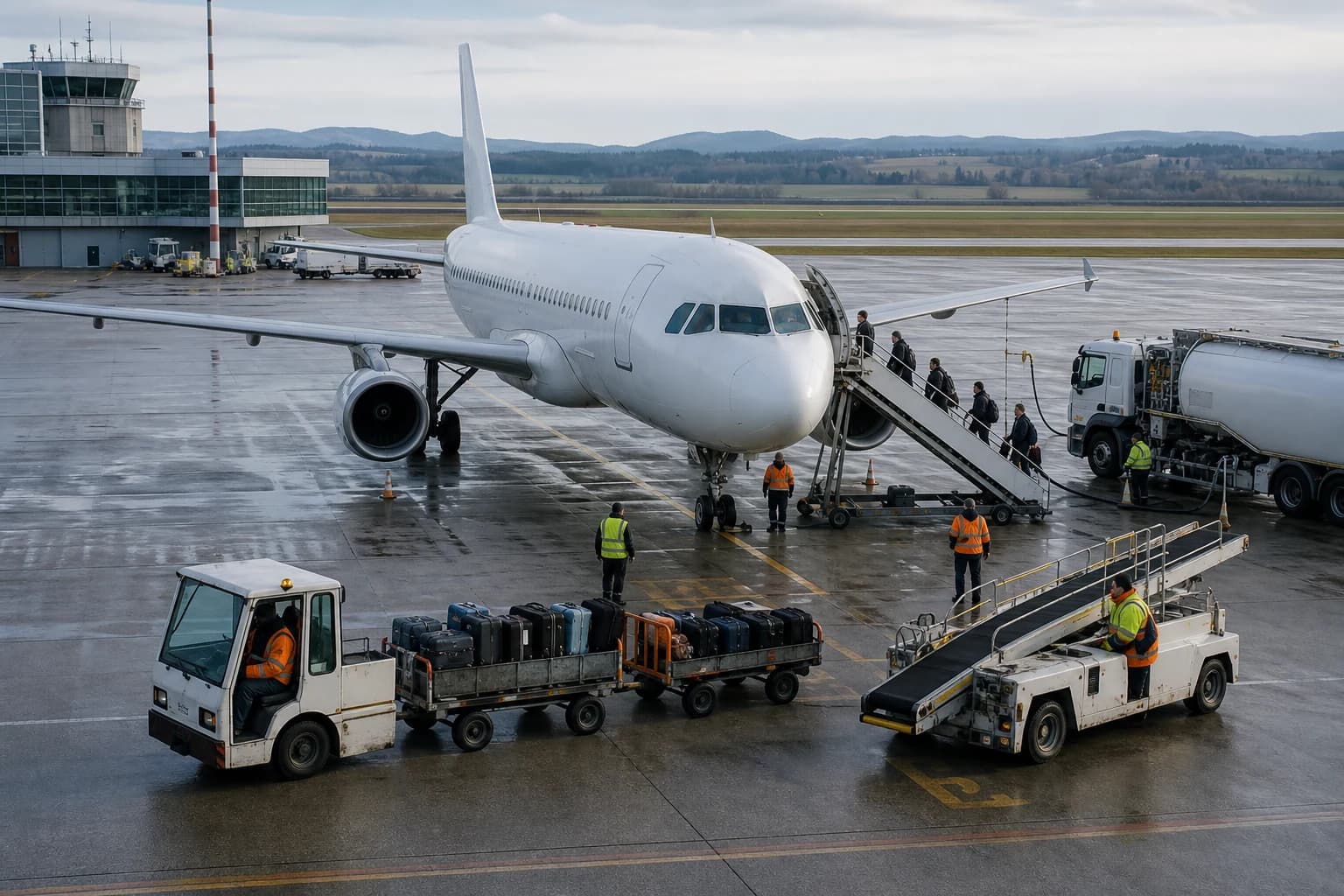 Ground crews turn around an unbranded aircraft at a secondary European airport.