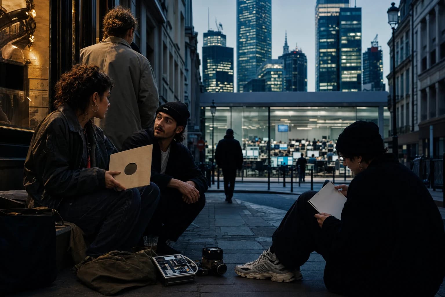 Street-level cultural signals travel toward a distant financial trading floor.