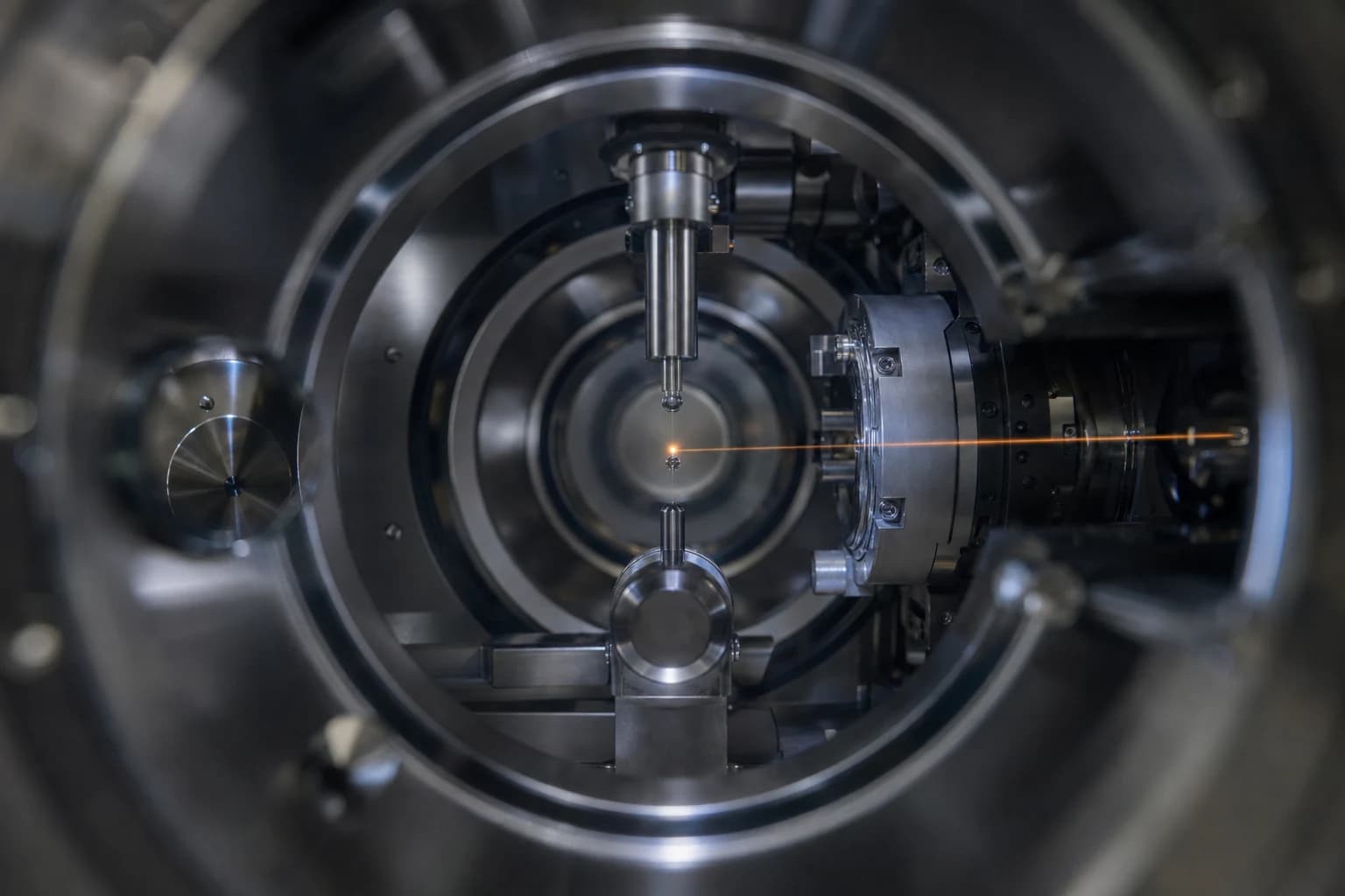 Precision optical machinery fires a laser pulse at a suspended tin droplet.