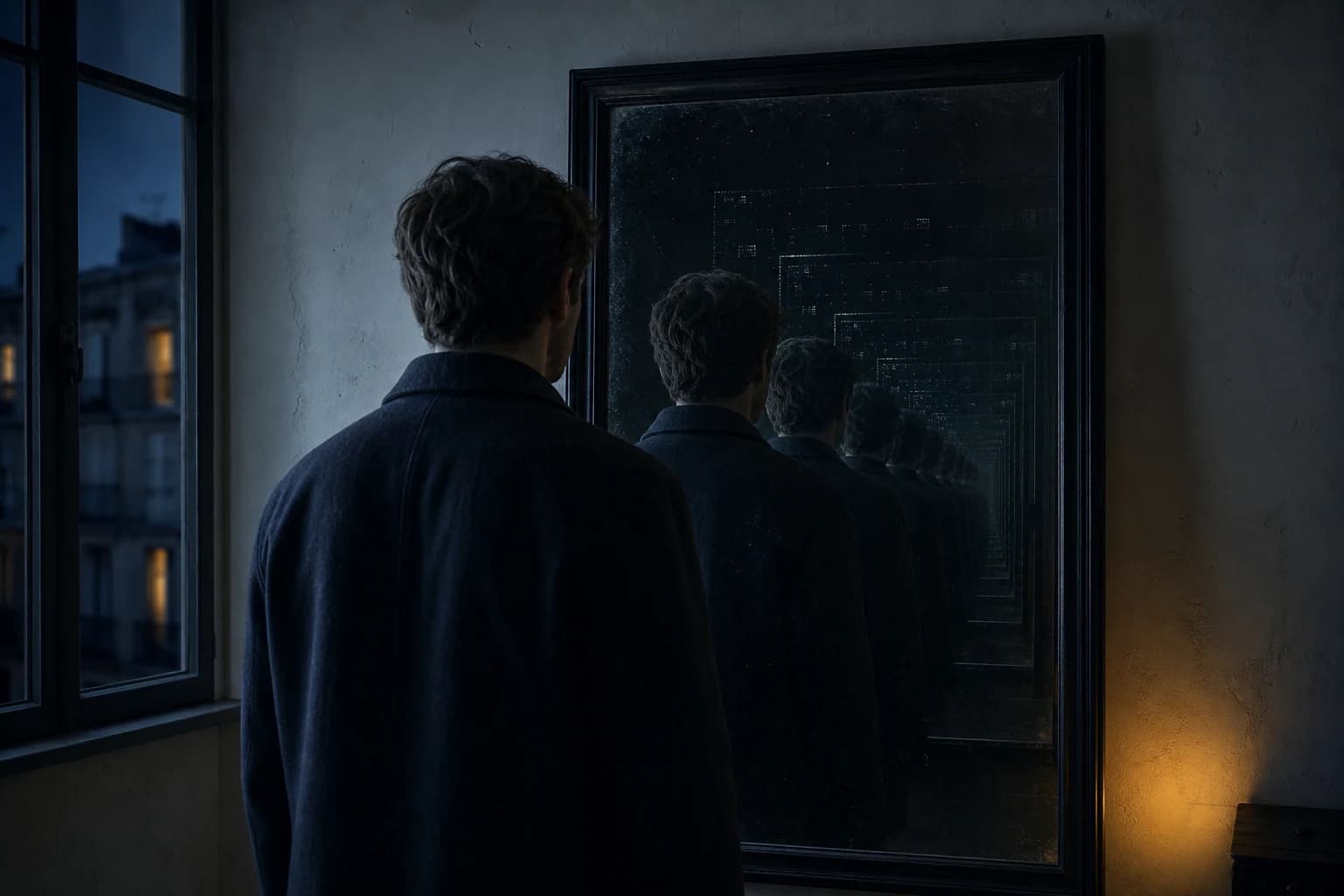 A solitary figure faces a dark mirror filled with repeated digital patterns.