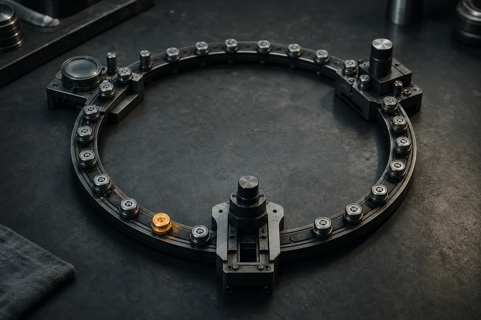 A circular mechanical feedback system moves markers through action, observation and adjustment.