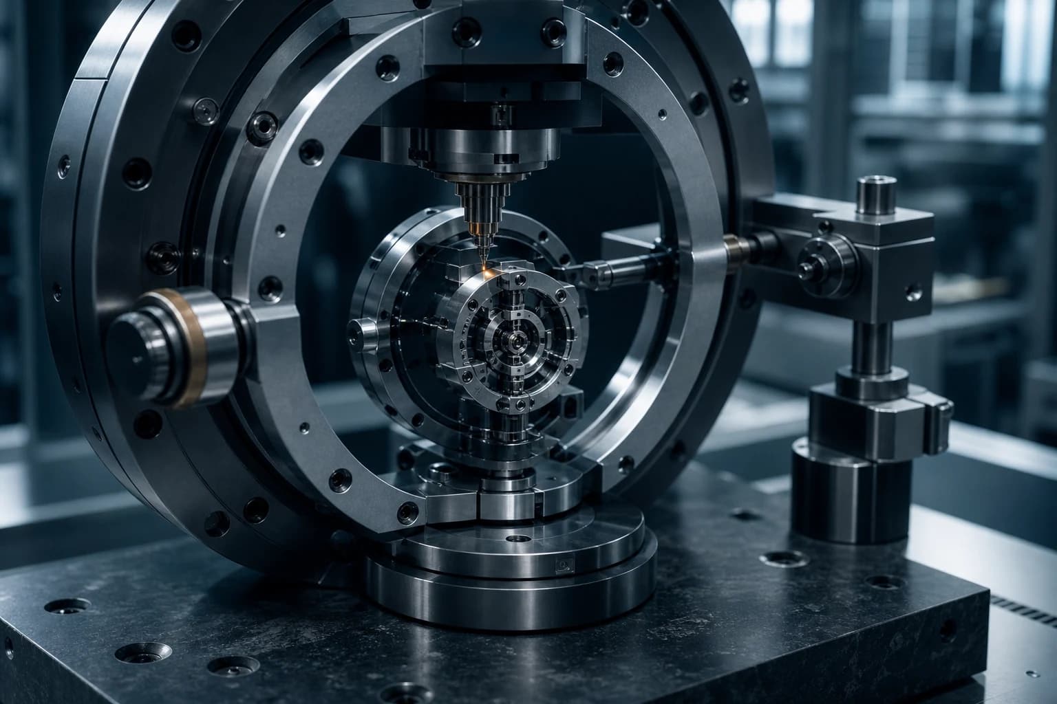 A precision machine inspects and rebuilds a smaller version of its own mechanism.