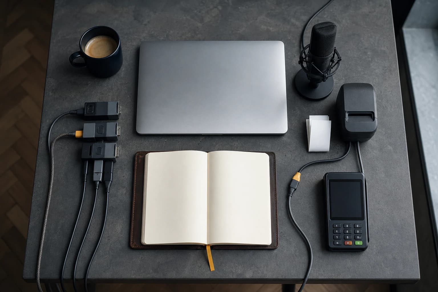 A founder's worktable holds a compact set of dependable business tools.