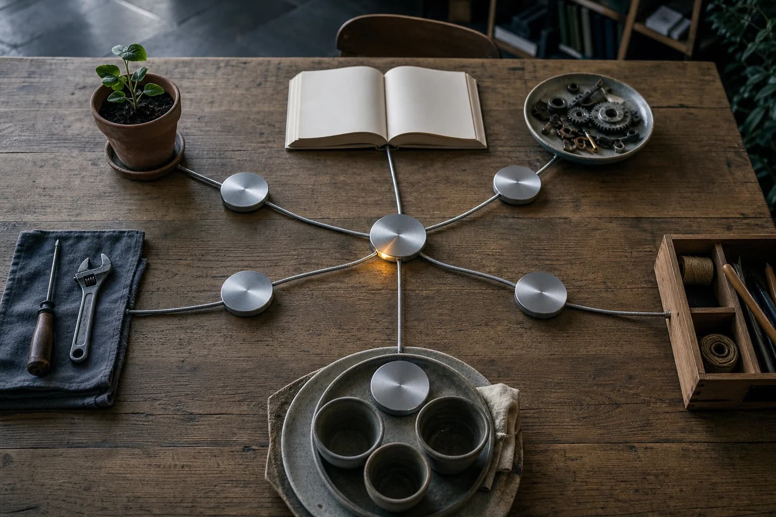 Metal tokens connect to tools, books and community objects through a branching network.