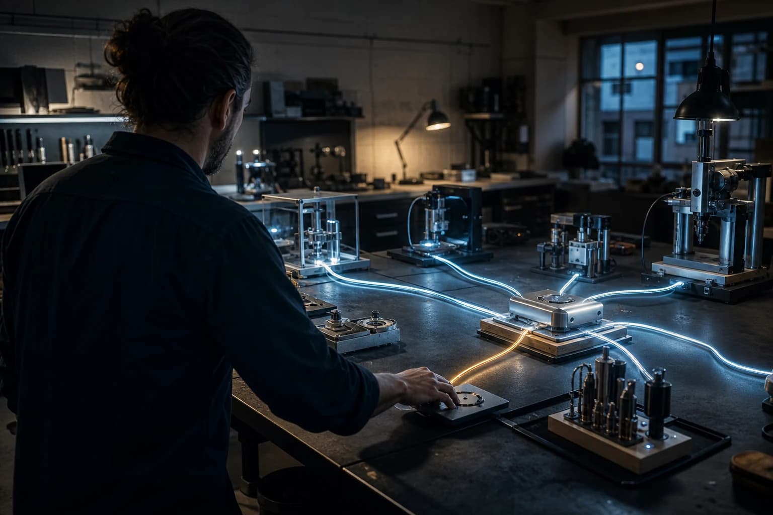 A product builder directs autonomous light paths assembling a prototype on a workbench.