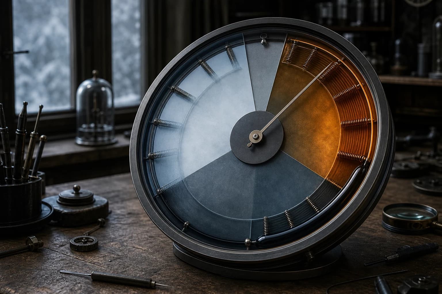 A circular seasonal instrument changes tension across the year.