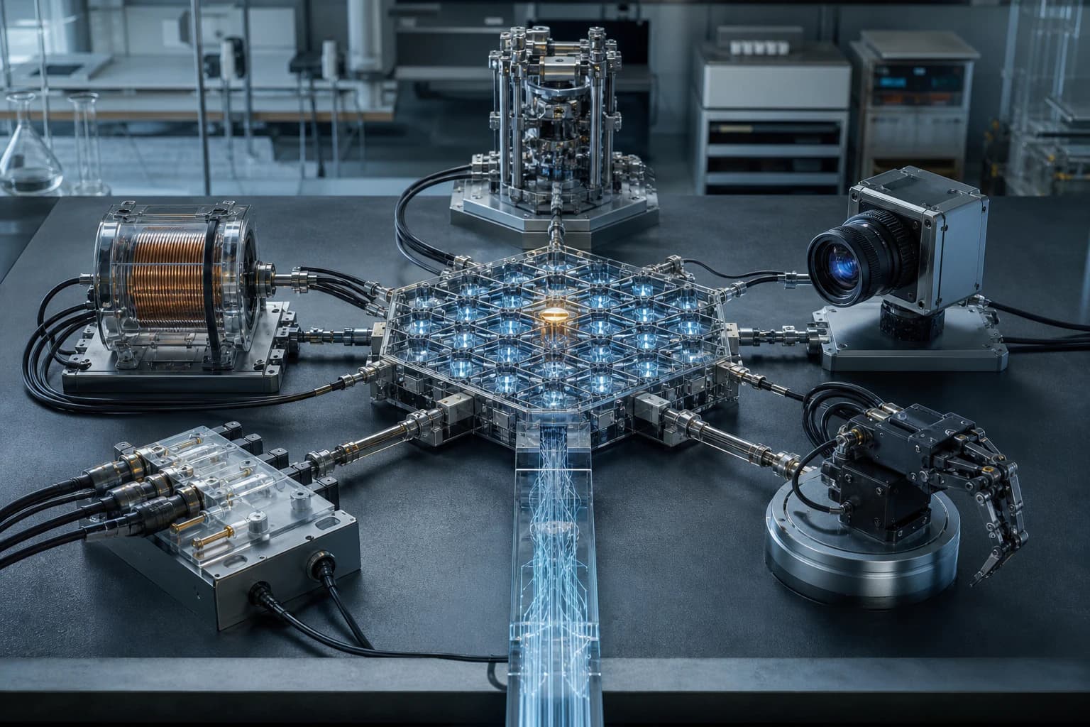 A central computing lattice connects to memory, camera, verification and robotic modules on a laboratory bench.