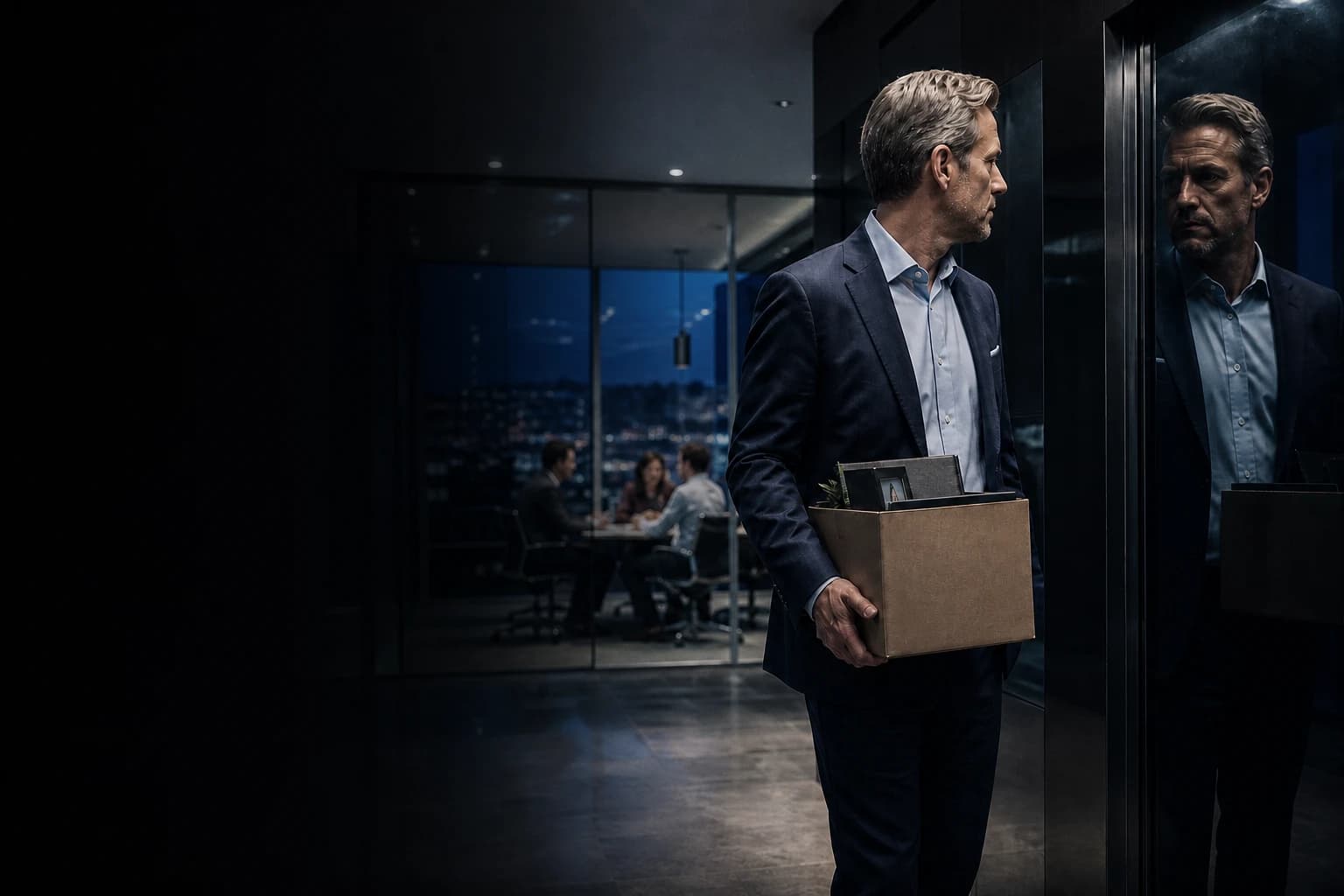An executive holding an archive box looks at his reflection beside a lift while former colleagues continue a meeting behind glass.