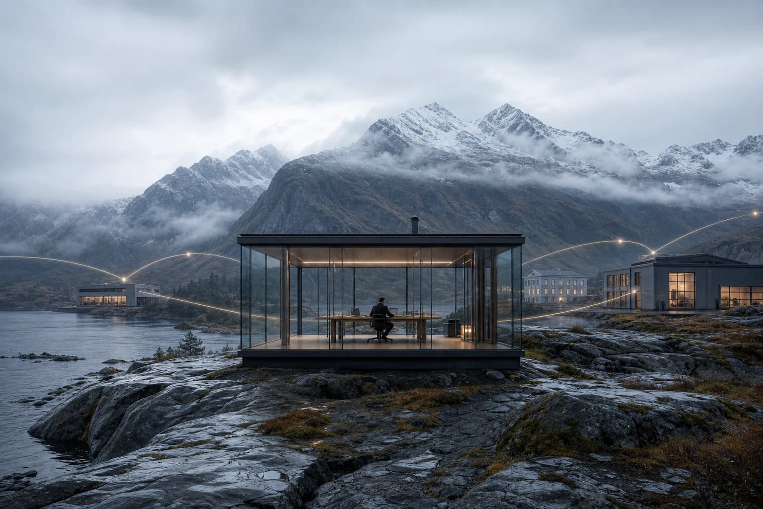 A glass operations pavilion on a rocky lakeshore connects to nearby institutions beneath snow-covered mountains.