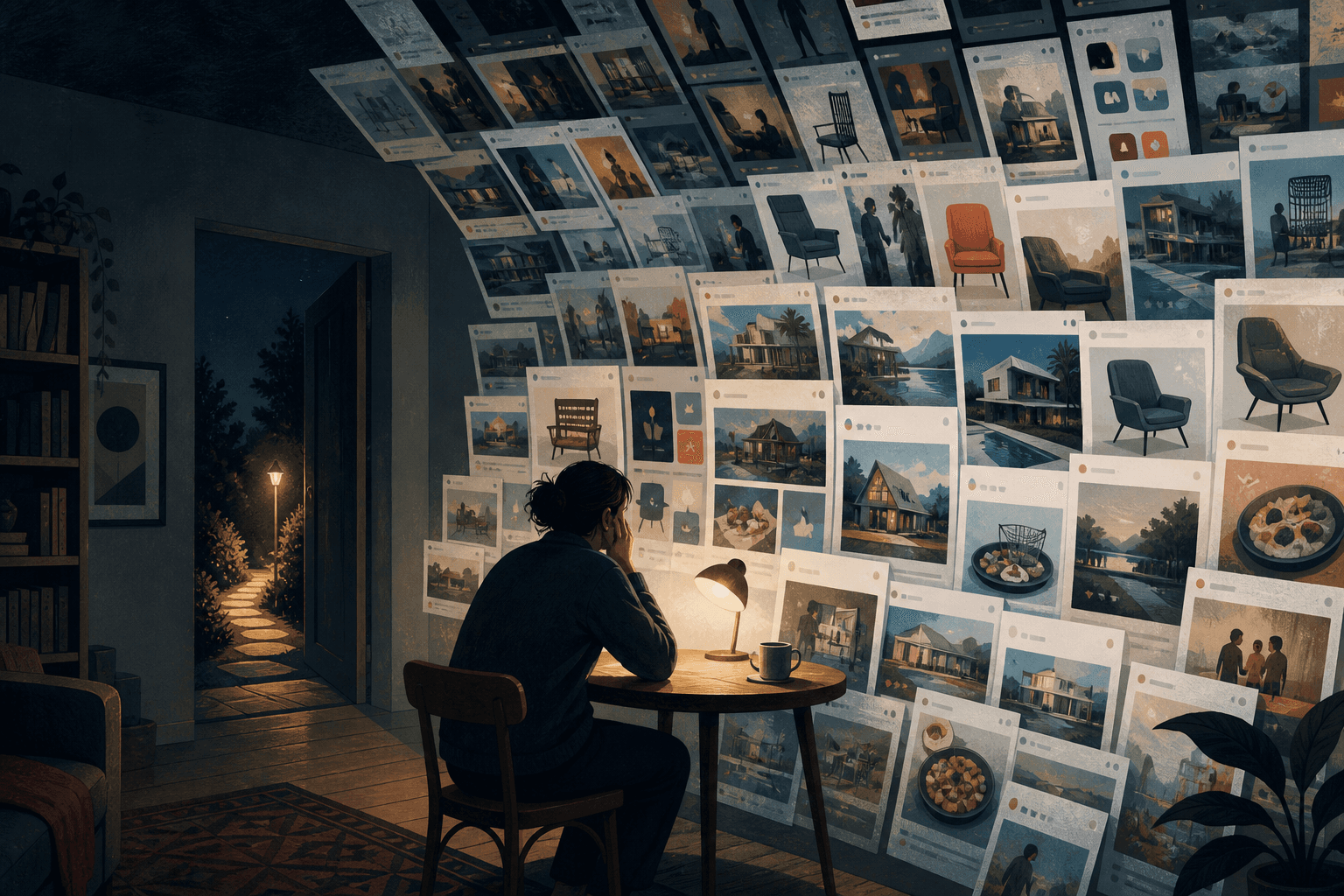 A person sits at a table facing an overwhelming wall of screens showing chairs, homes, meals and other choices, while a quiet path leads outside.