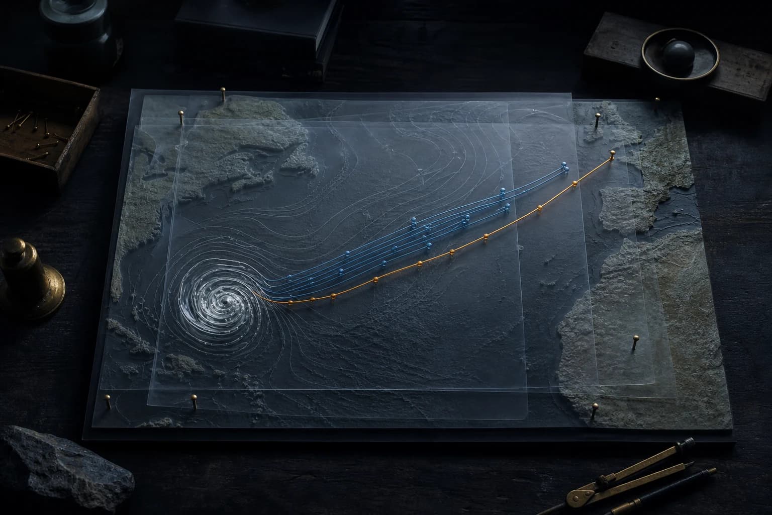A glass cyclone and blue forecast tracks cross a physical North Atlantic relief map, with one amber path extending farther.