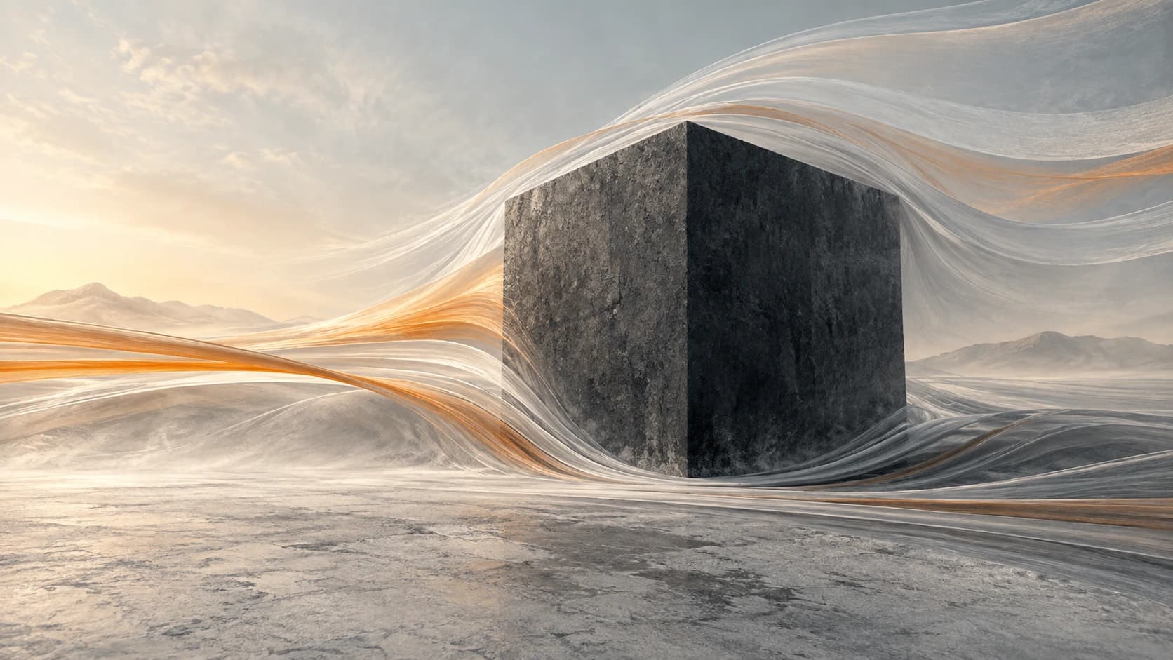 A massive dark stone cube remains still as fine white and amber ribbons flow and bend around it.