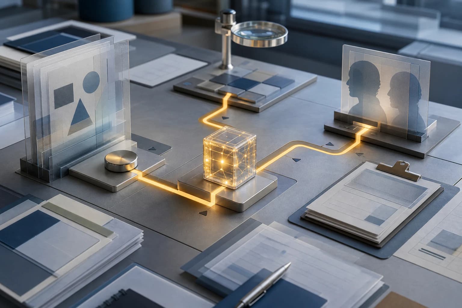 A luminous cube follows an amber route through transparent testing and review stations on a workbench.
