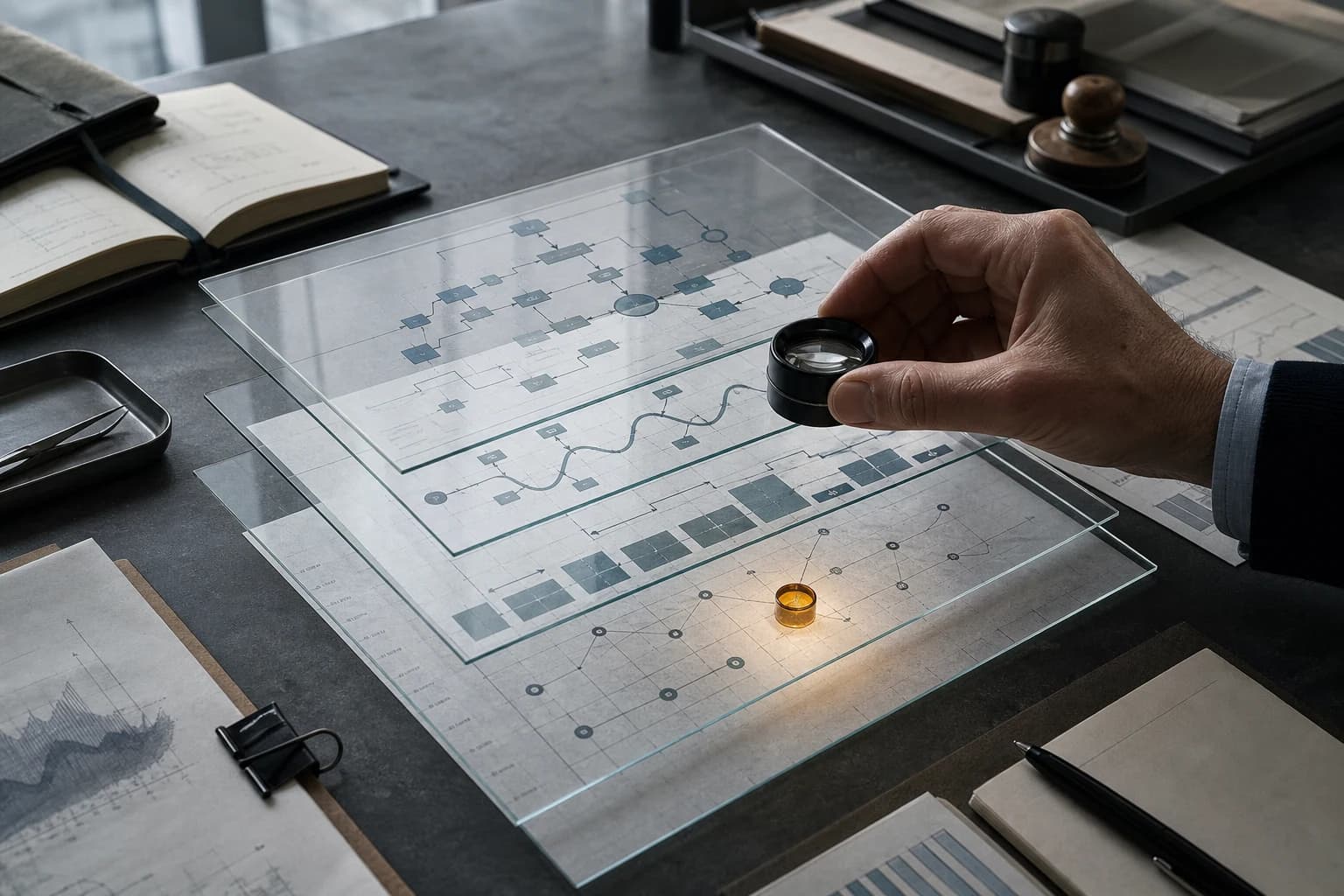 An investor traces one AI-assisted customer outcome through model costs, human review and risk controls on a due-diligence worktable.