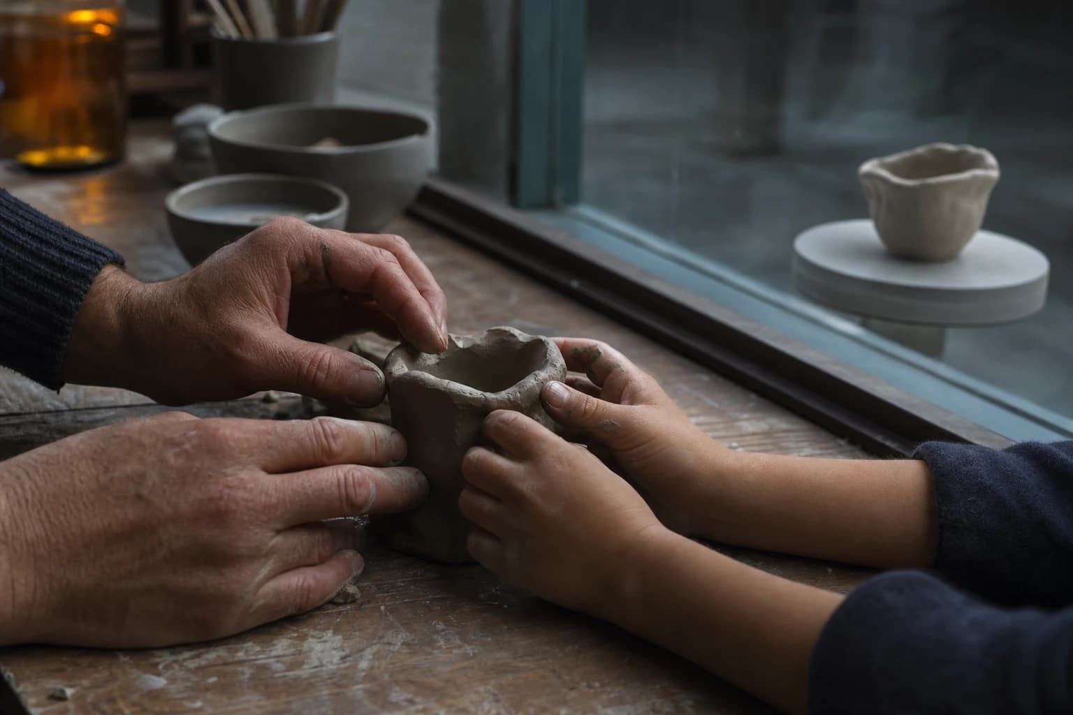 An adult and child shape an imperfect clay cup together while a precise replica sits behind glass.