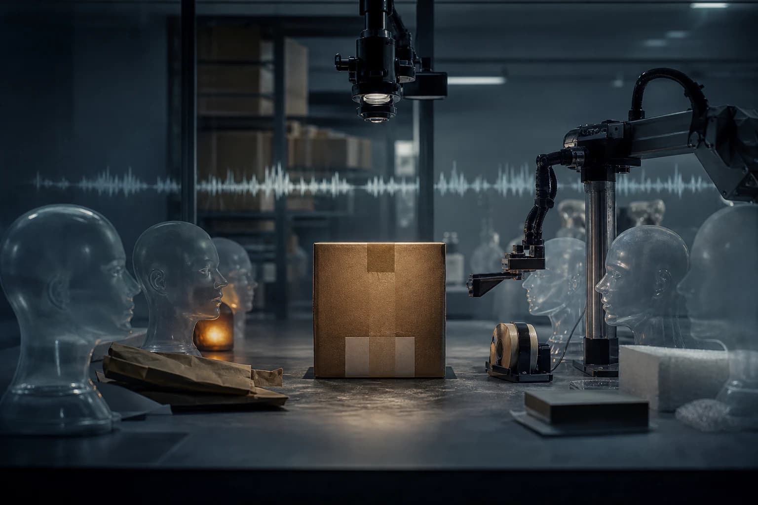 A bronze parcel sits between transparent mannequin heads and automated packing equipment in a dark studio.