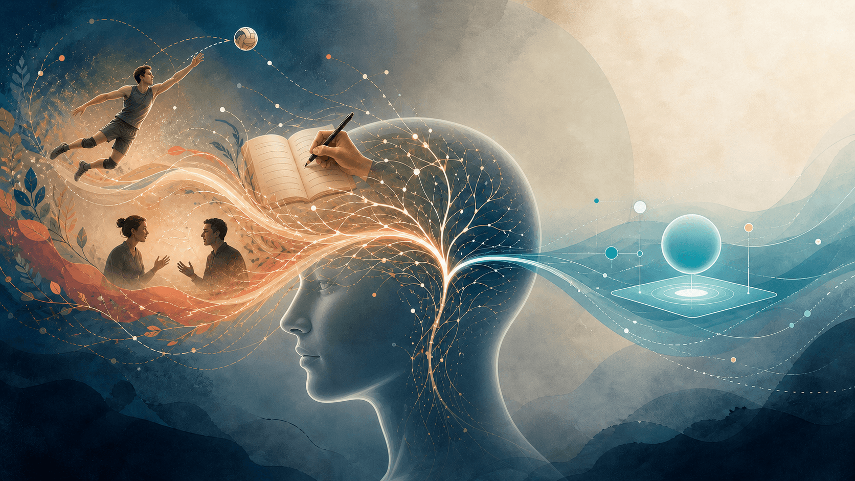 A volleyball player moves between physical practice, study and an AI interface as warm and cool neural pathways form around a human profile.