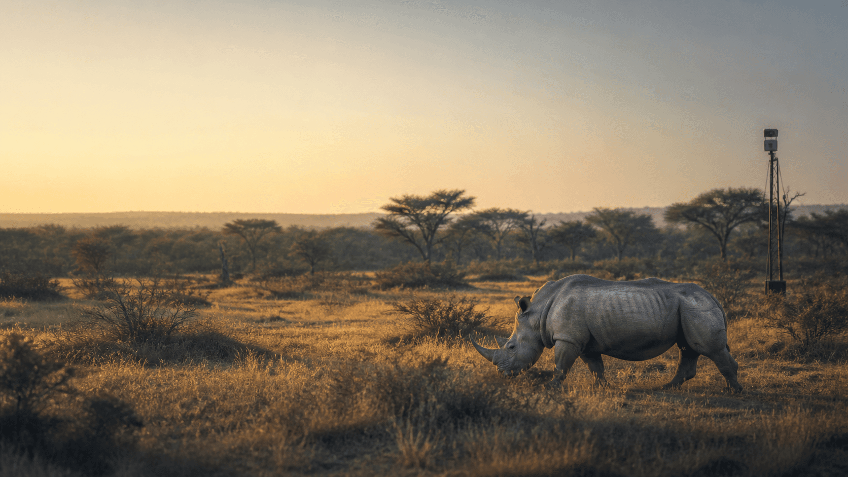 A white rhino walks through golden grass at dawn in Sabi Sand, with a small observation mast at the edge of the reserve.