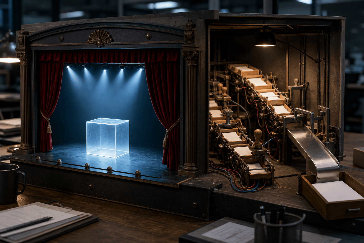 A glowing glass cube performs on a miniature theatre stage while a long paper-and-approval machine runs backstage.