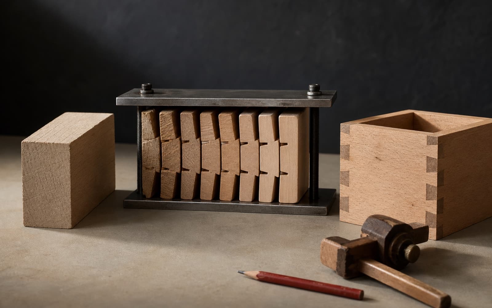 A rough wood block, compressed stages of joinery held between steel plates, and a finished dovetail box.