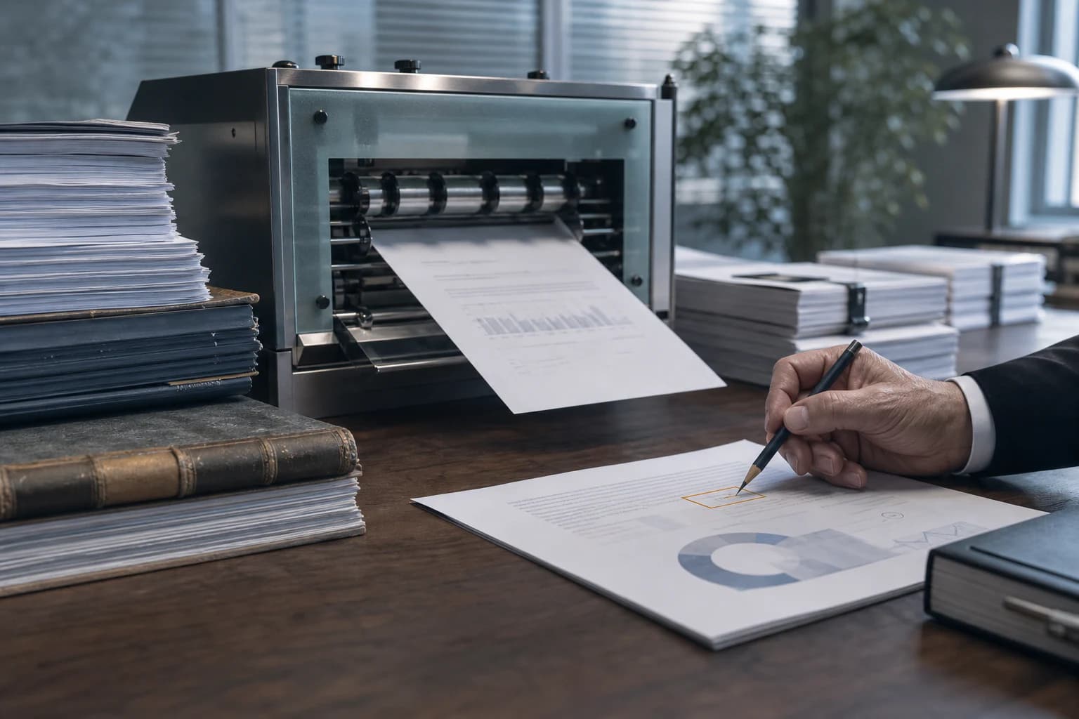 A professional marks one report as a machine compresses stacks of documents into a smaller output.