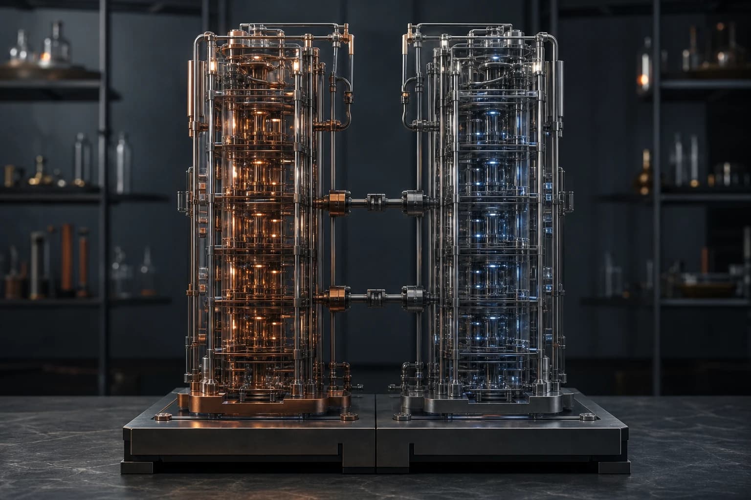 Two glass-and-metal towers, one glowing amber and one blue, rise side by side from linked bases.