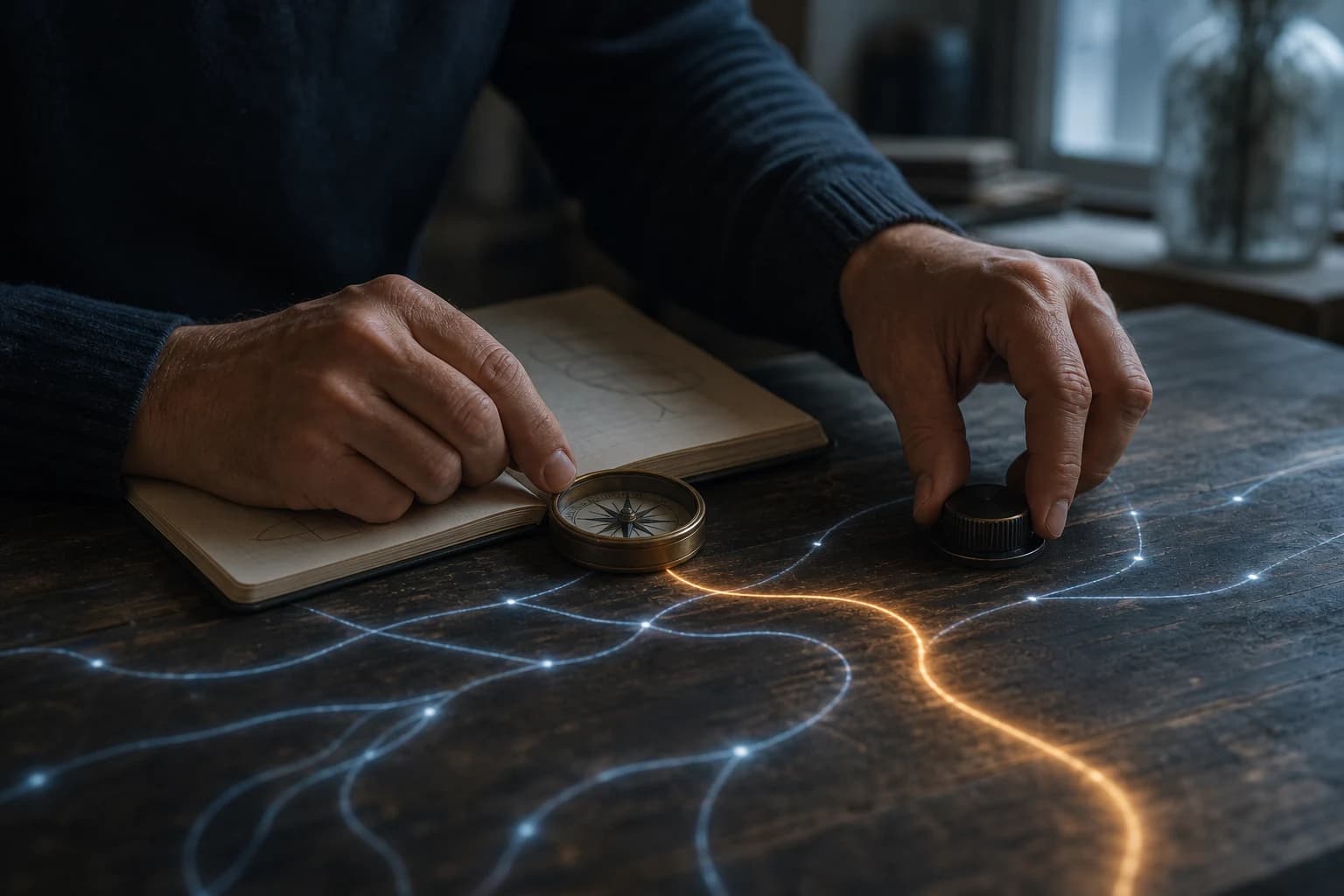 A person uses a brass compass and a control dial above branching blue paths and one amber route on a wooden table.